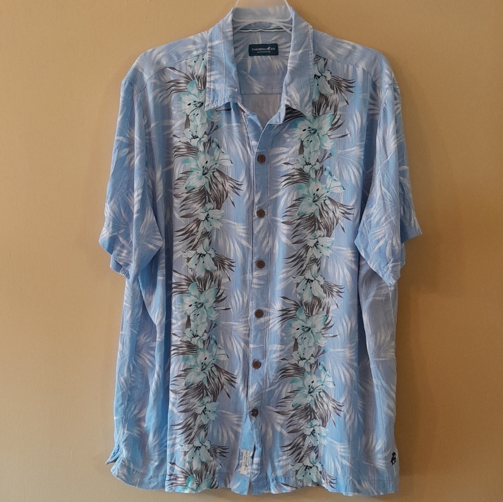 Caribbean Joe Island Supply Co Hawaiian Shirt Blue Tan Green Men's XXL
